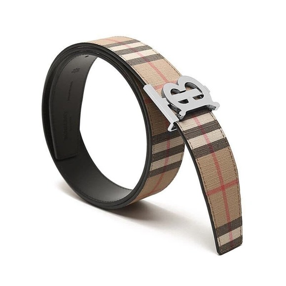 $580 BURBERRY TB 35 BEIGE CHECK BLACK LEATHER REVERSIBLE LOGO BUCKLE BELT 95 38 - Picture 2 of 13